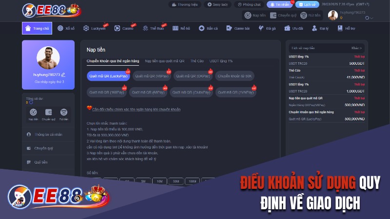 Các điều khoản sử dụng EE88 về giao dịch nạp rút tiền
